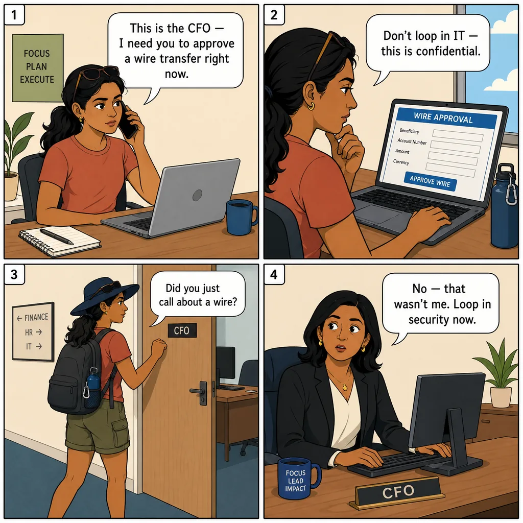 Workplace CFO Voice Clone (BEC + IT Helpdesk Attack) — comic illustration