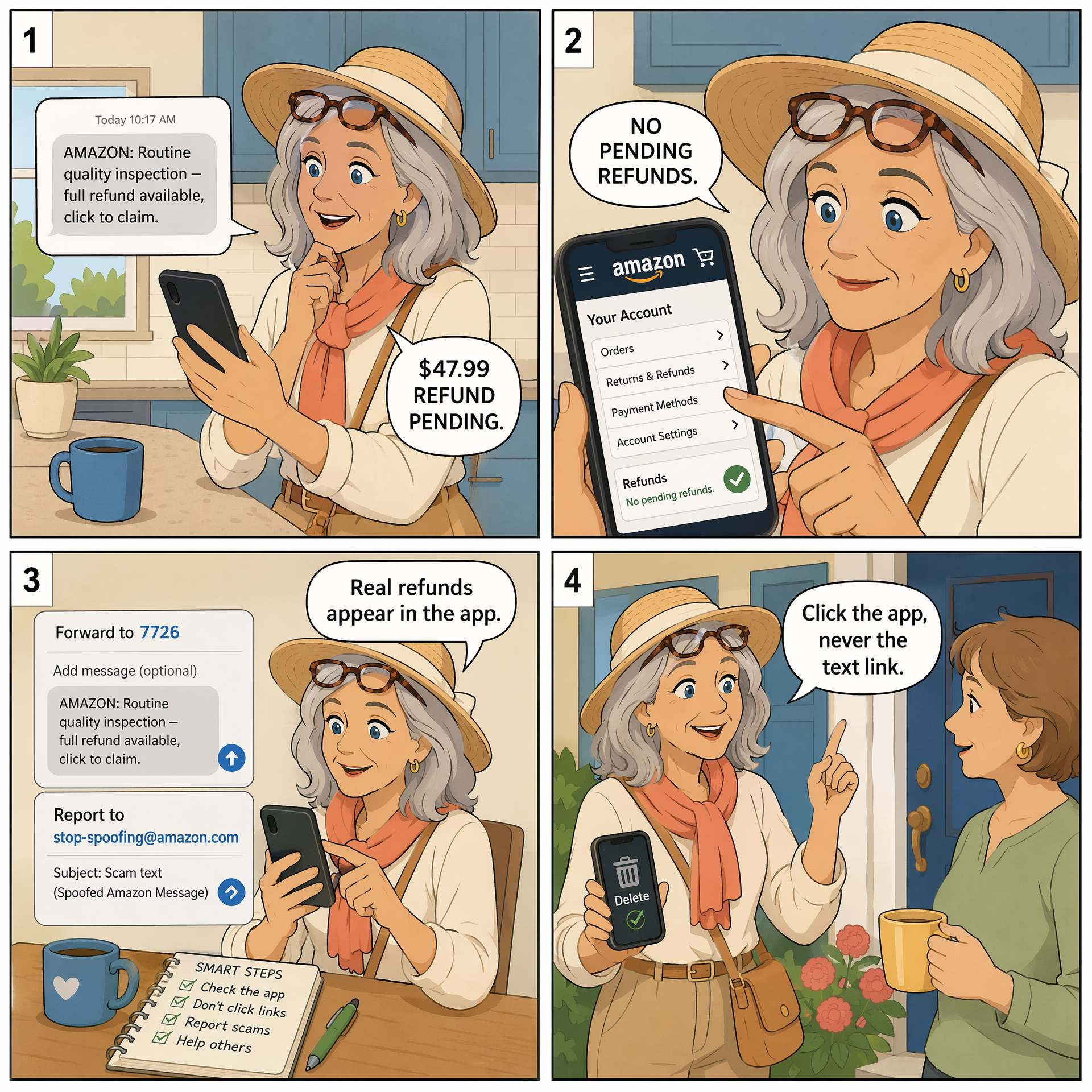 Fake-Refund Text / Email ('Routine Quality Inspection') — comic illustration