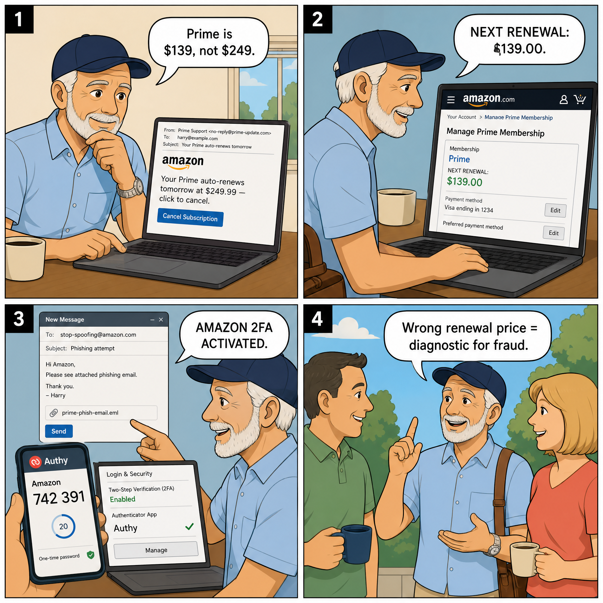 Prime Auto-Renewal Cancellation Phishing — comic illustration