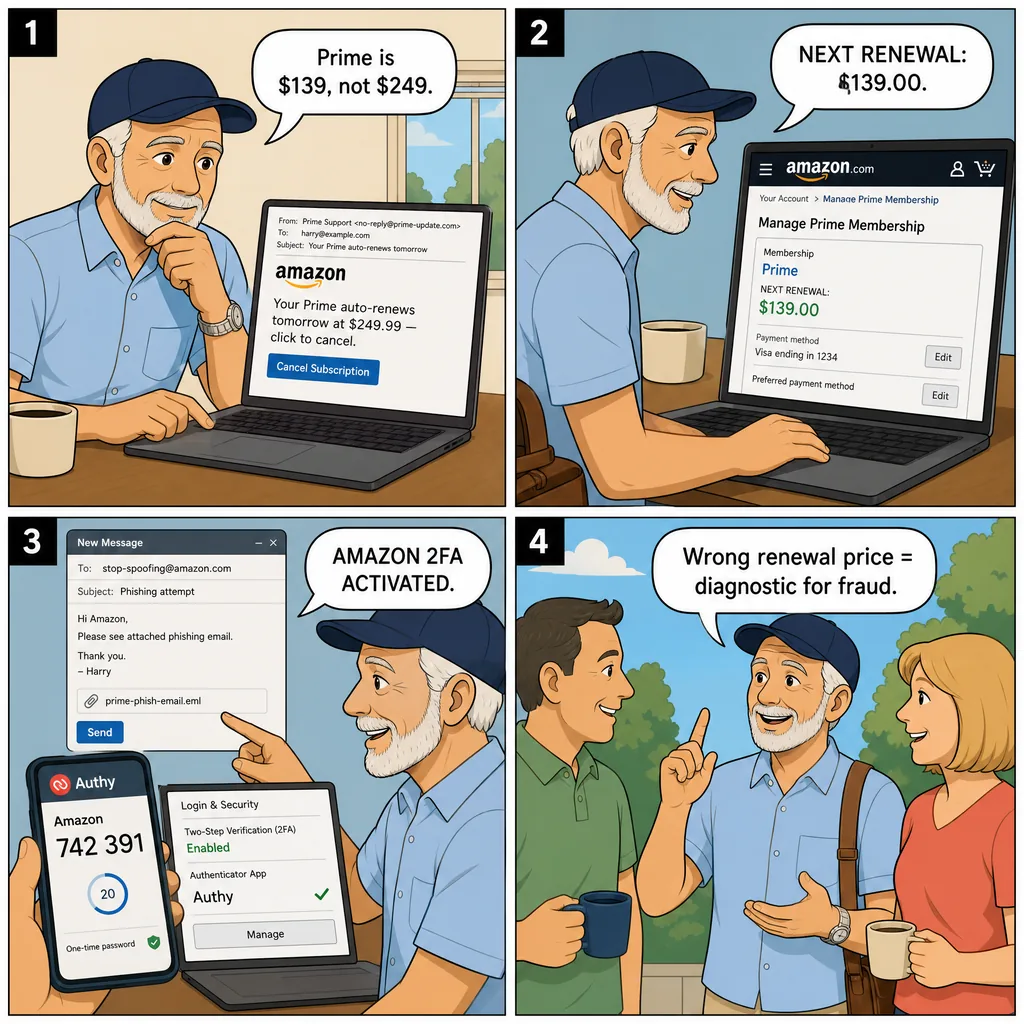 Prime Auto-Renewal Cancellation Phishing — comic illustration