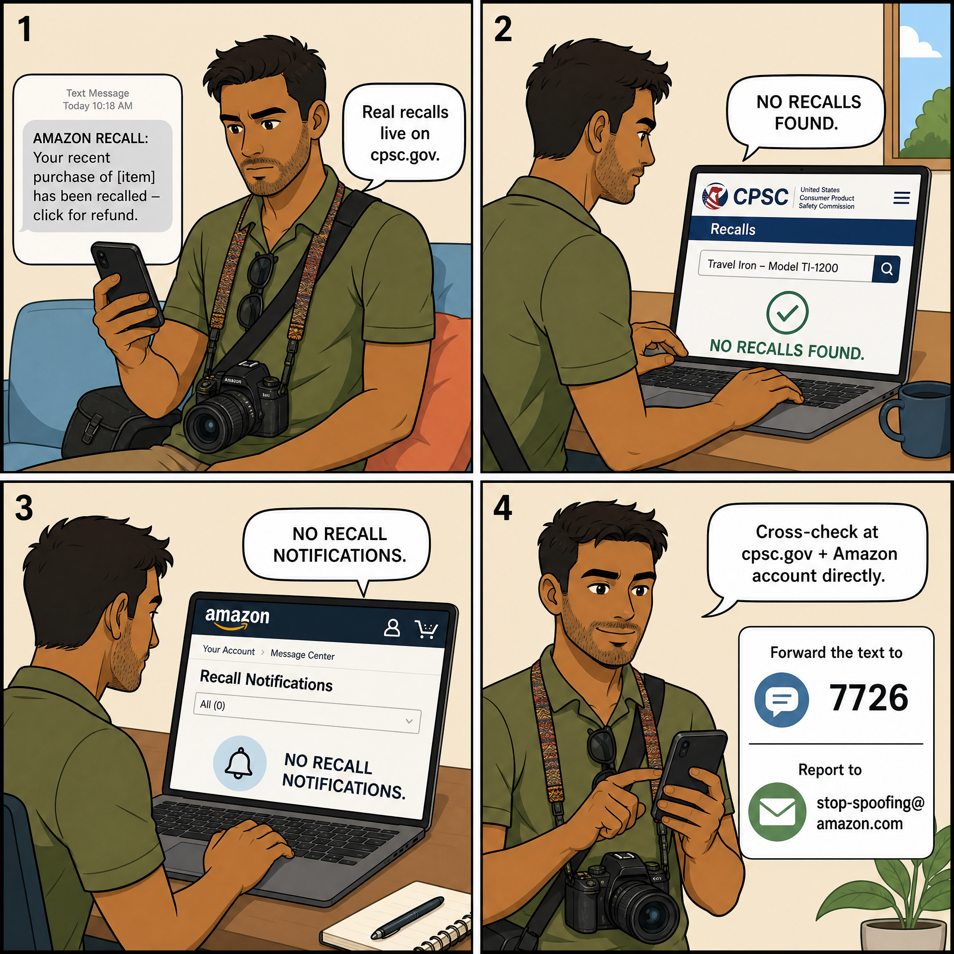 Product-Recall Scam ('Recalled, Click for Refund') — comic illustration