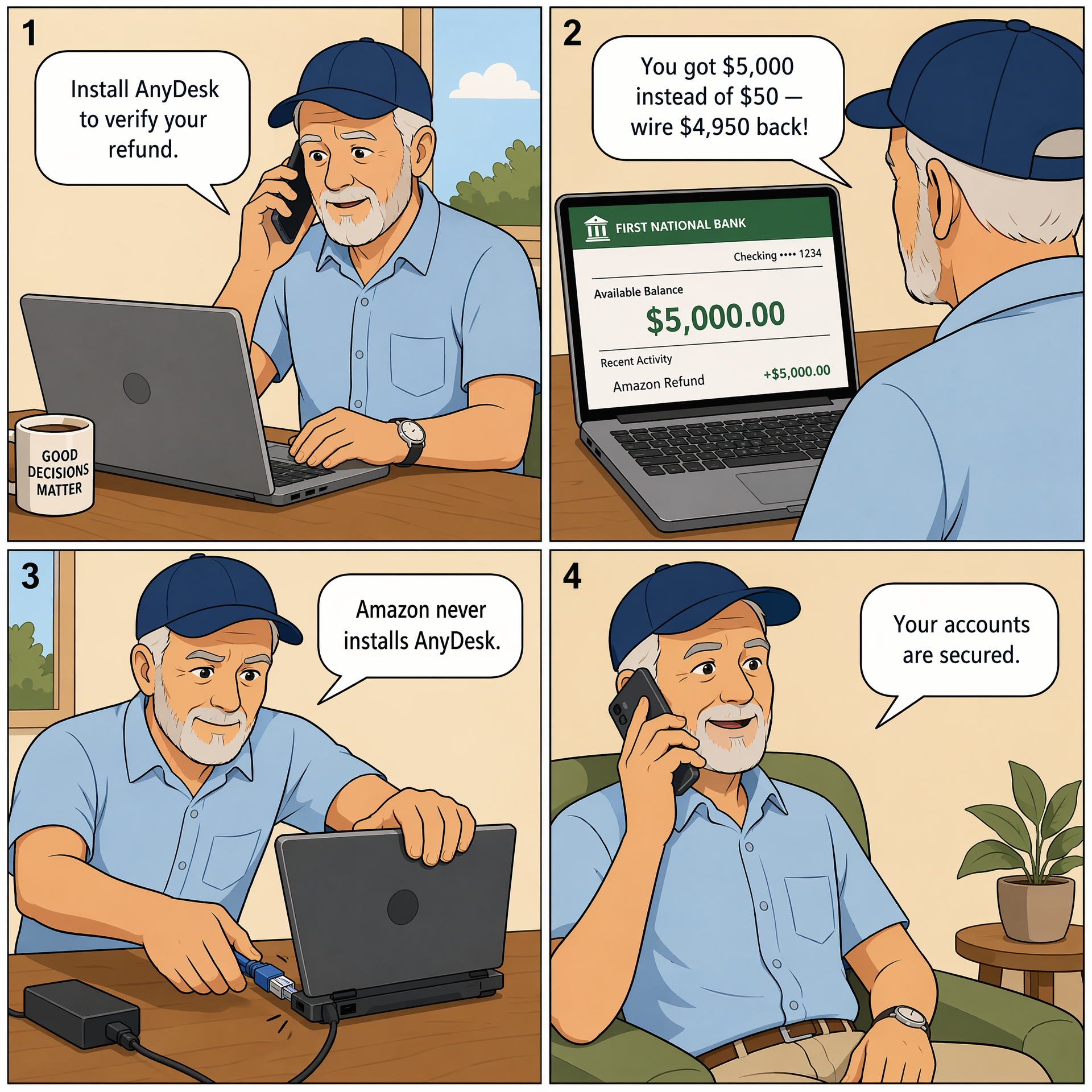 Refund-Overpayment Remote-Access Scam — comic illustration