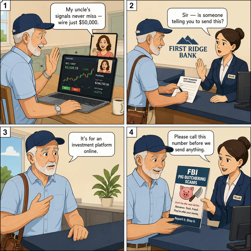 Authorized-but-Deceived (Romance, Pig-Butchering Fees, Fake Invoices) — comic illustration