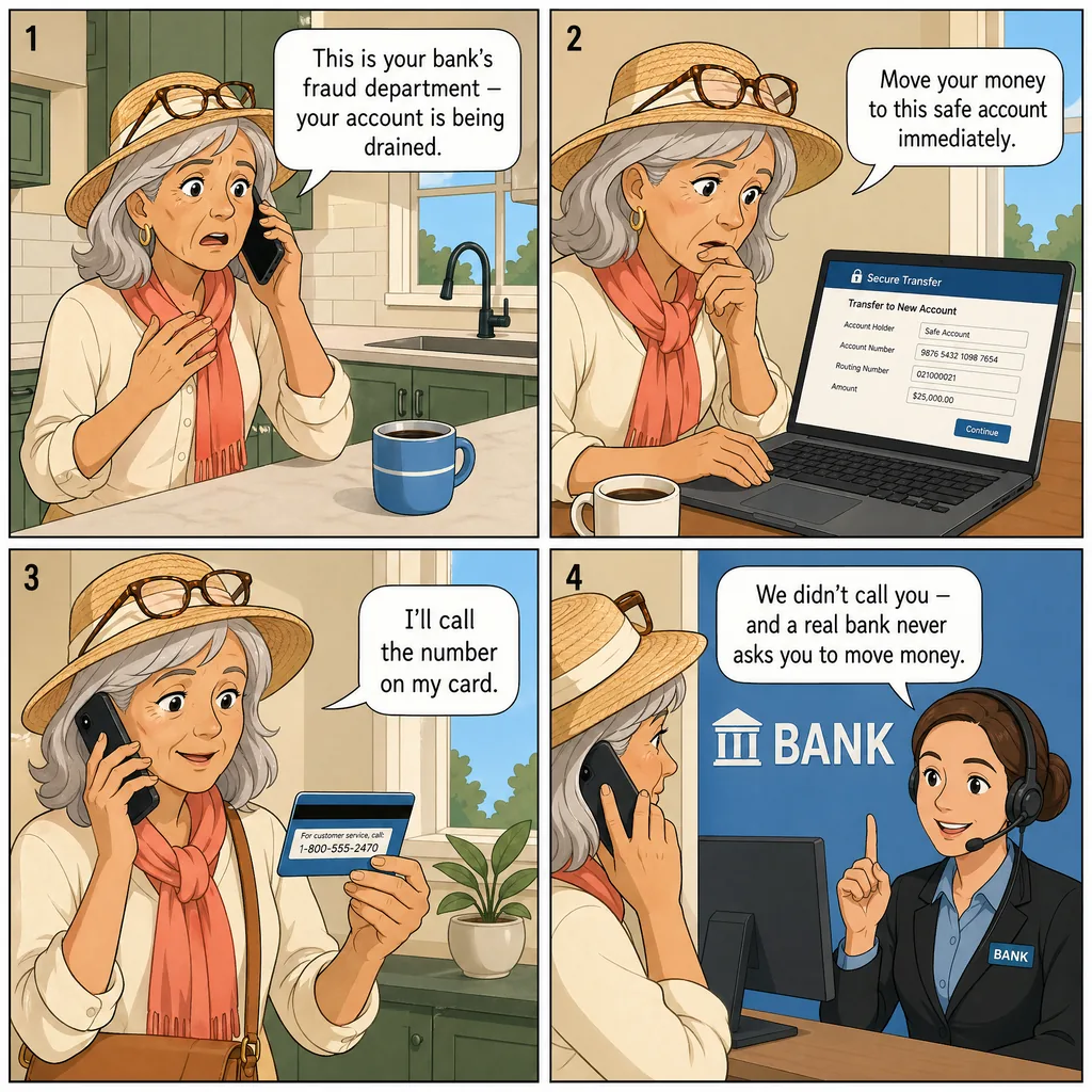 Fake Bank Fraud-Department Call ('Transfer to a Safe Account') — comic illustration