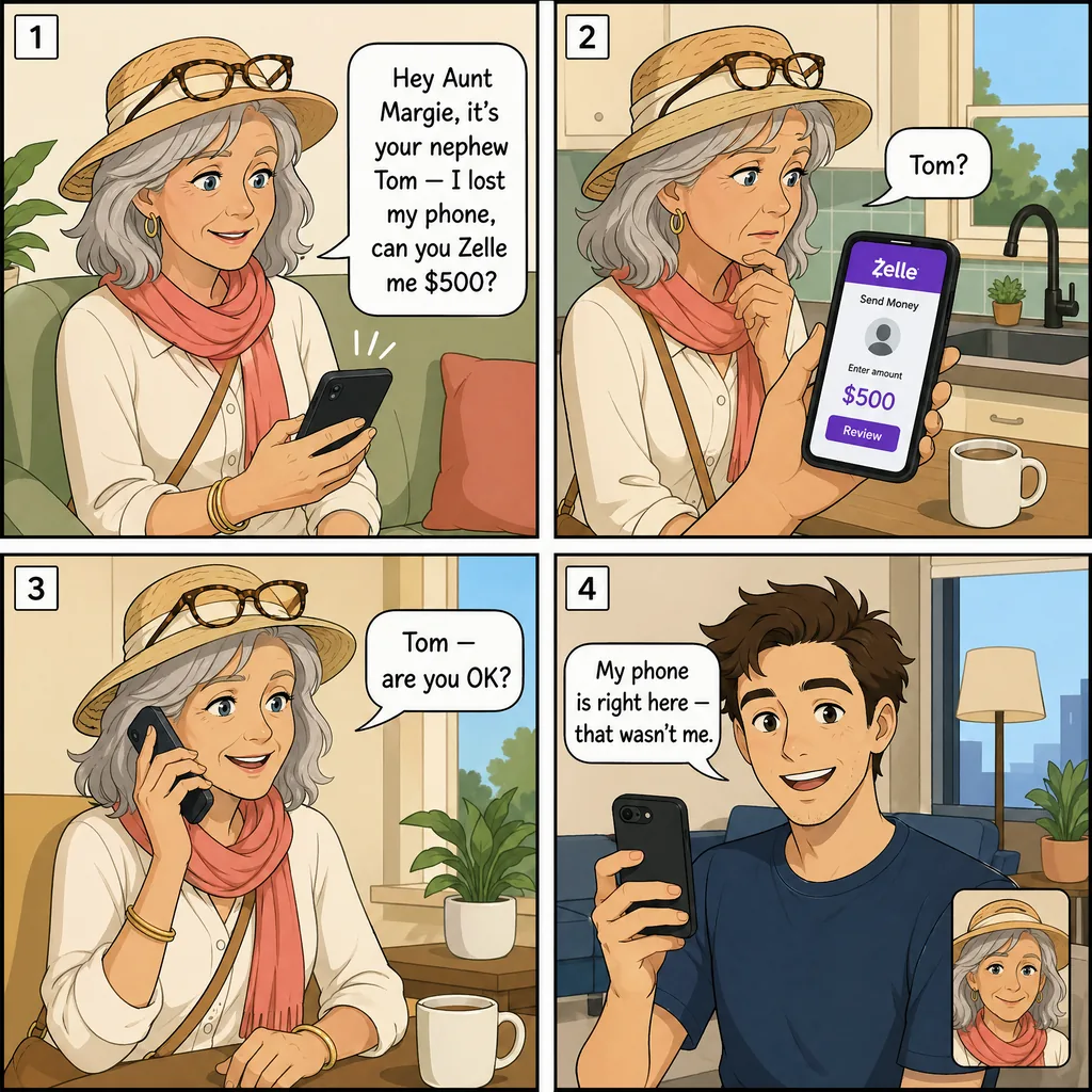 'Hey It's Your Nephew' Family-Impersonation Zelle Ask — comic illustration
