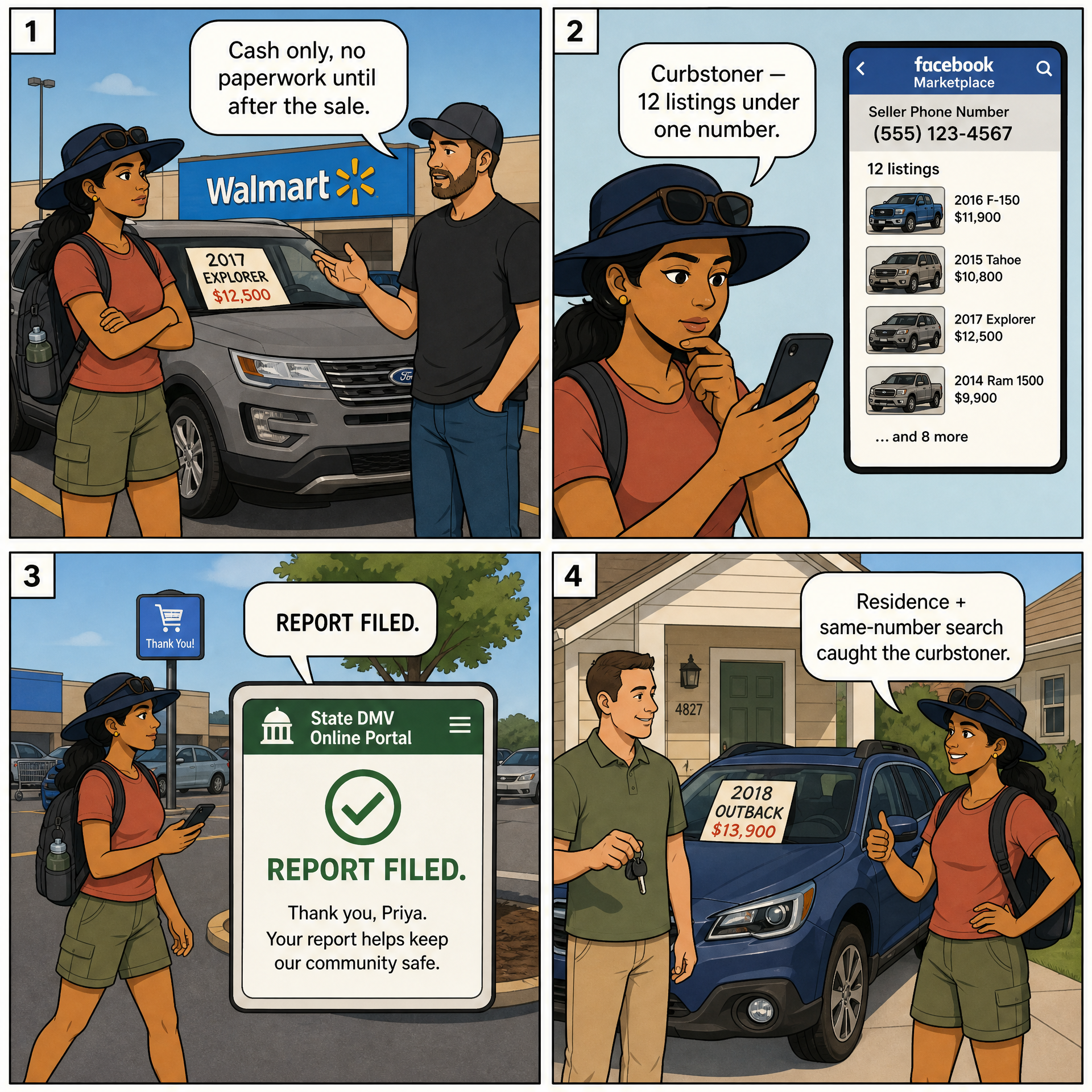 Curbstoning (Unlicensed-Dealer Fraud) — comic illustration