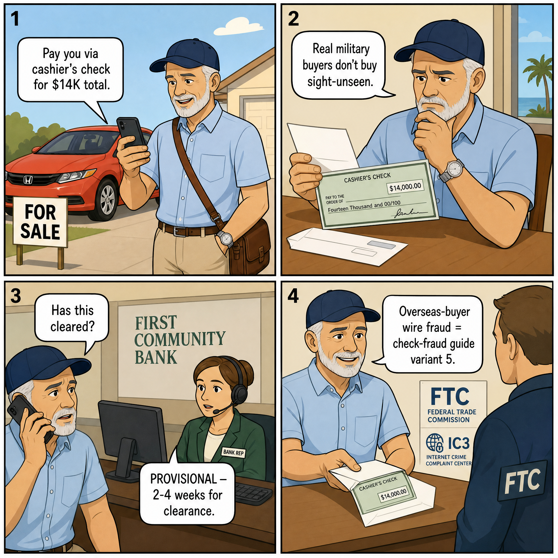 Overseas-Buyer Wire-Transfer Fraud — comic illustration