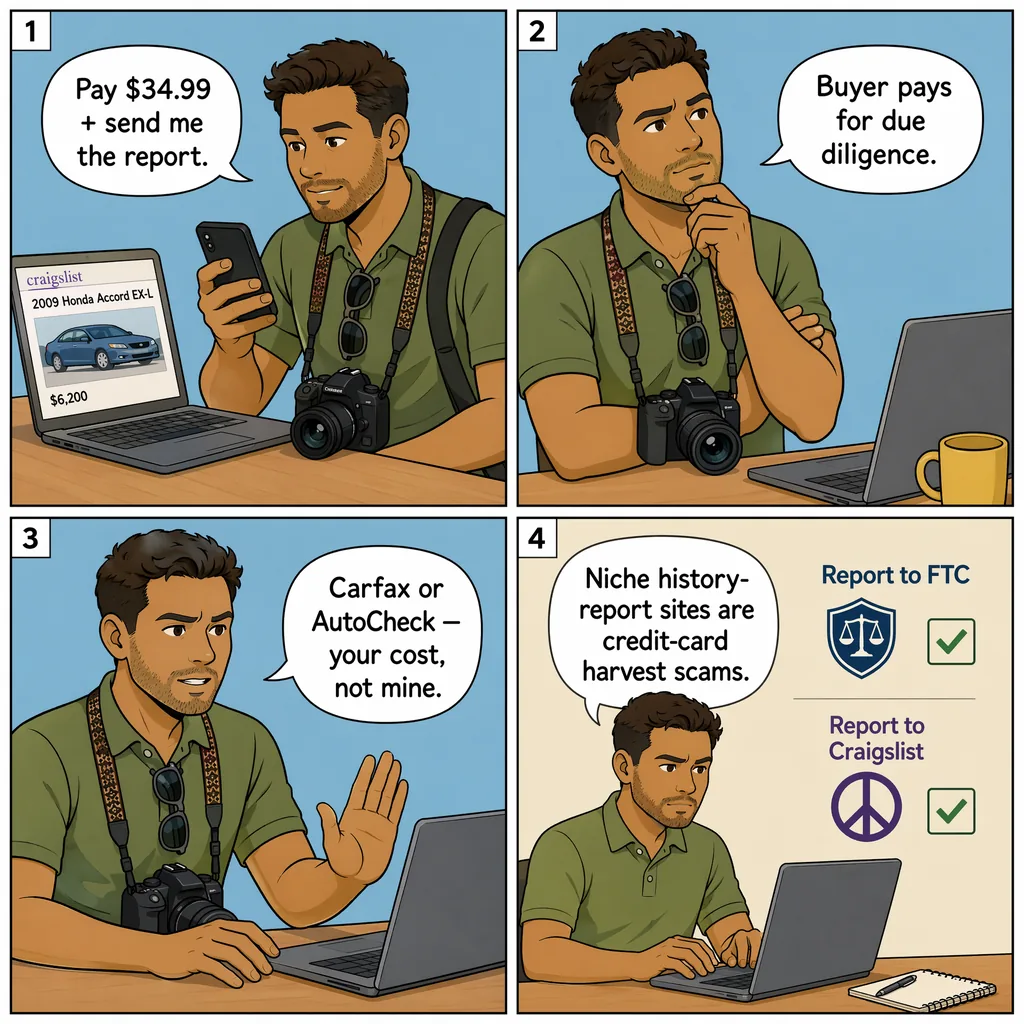 Vehicle History Report Credit-Card Harvest — comic illustration