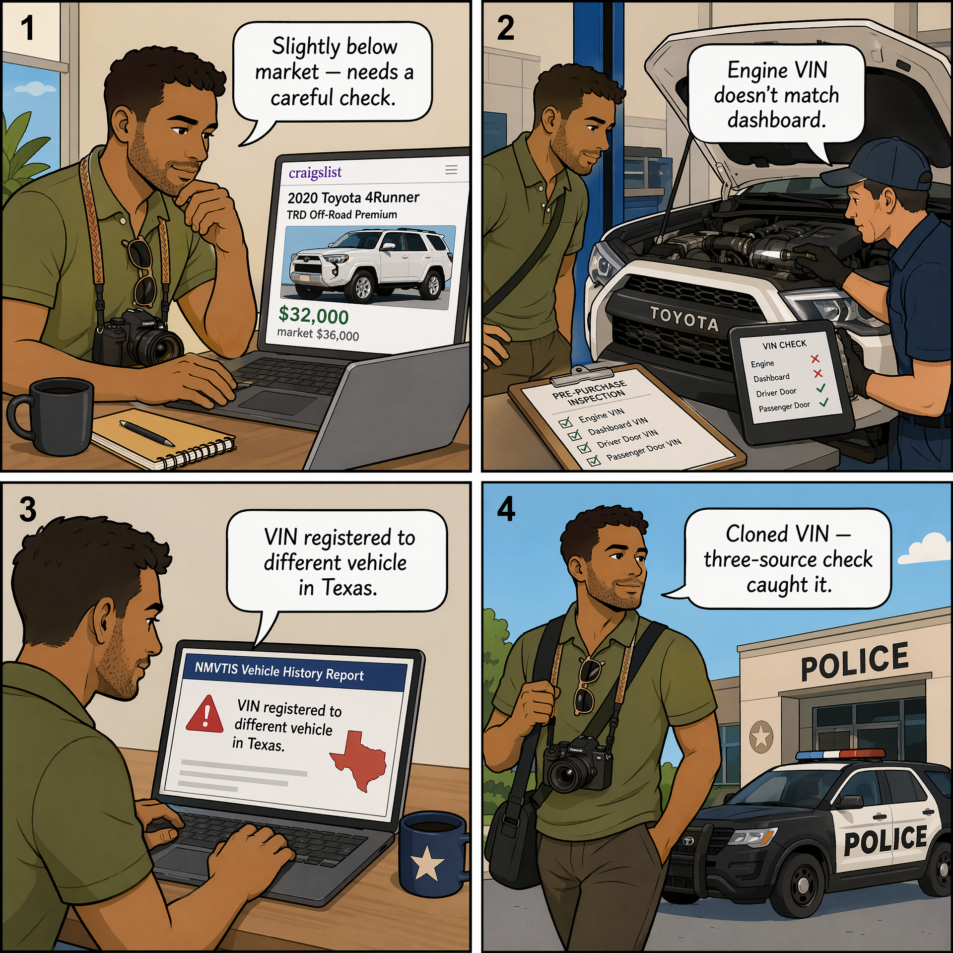 VIN Cloning (Stolen-Vehicle Fraud) — comic illustration