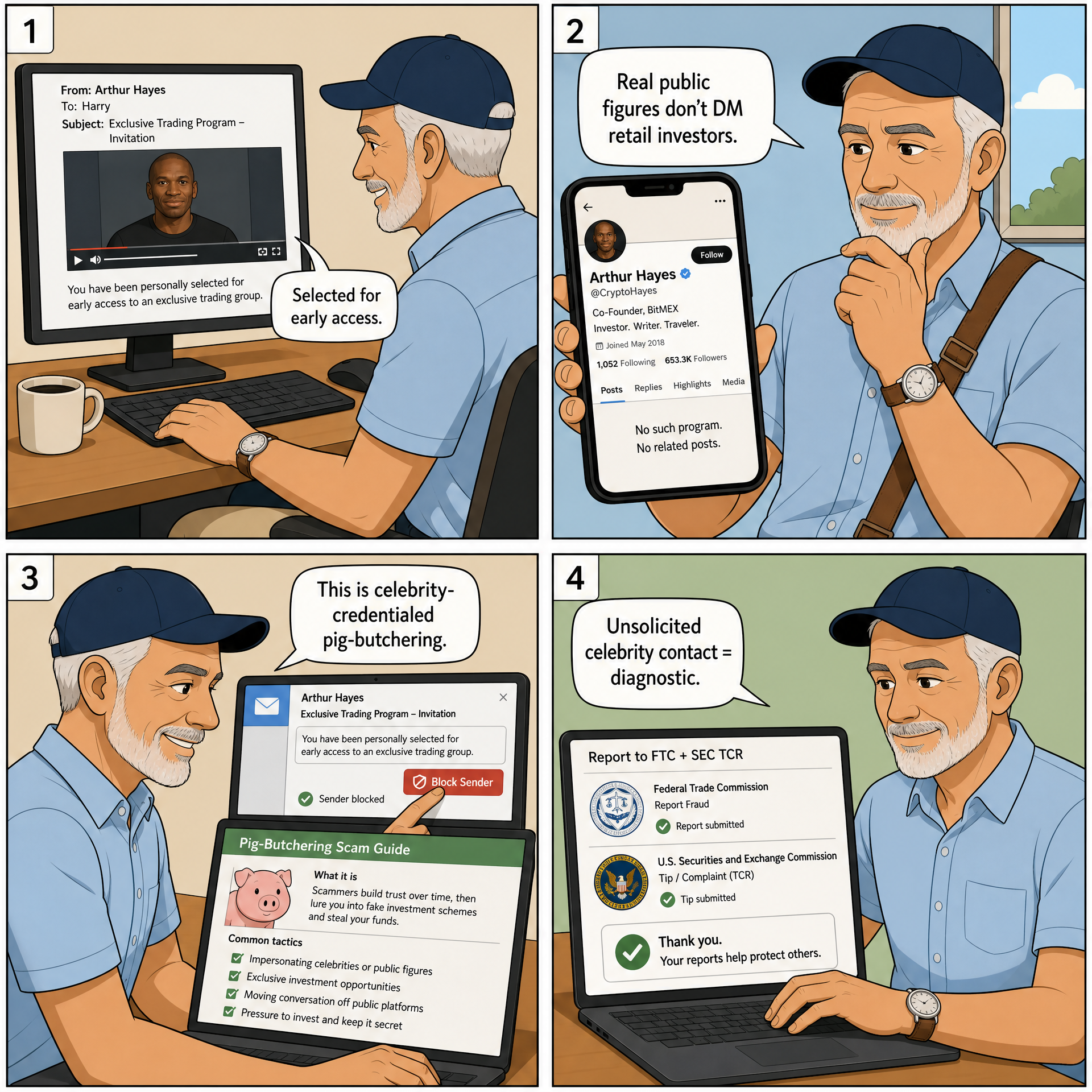 Fake Celebrity Email / DM Trading Pitch — comic illustration