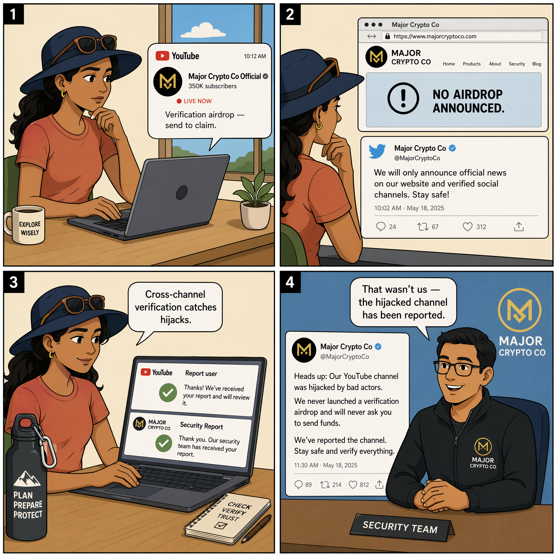 Hijacked YouTube Channel + Executive Deepfake — comic illustration