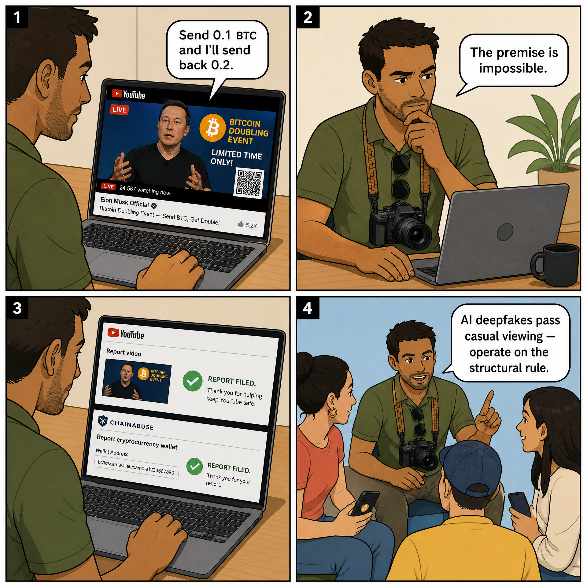 Musk Deepfake YouTube Livestream — comic illustration