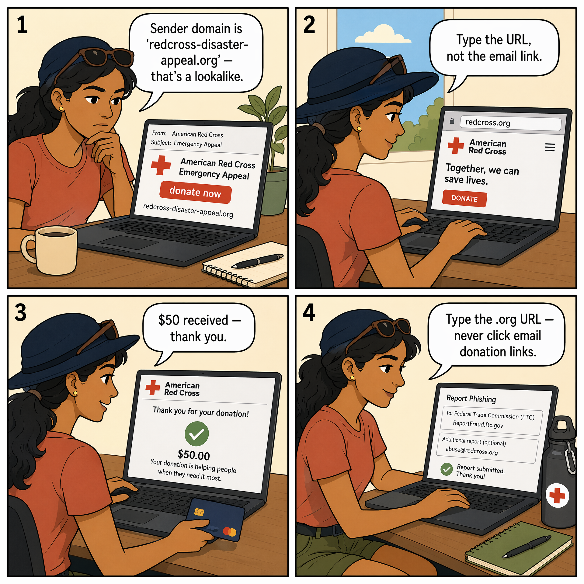 Donation-Phishing Email Campaign — comic illustration