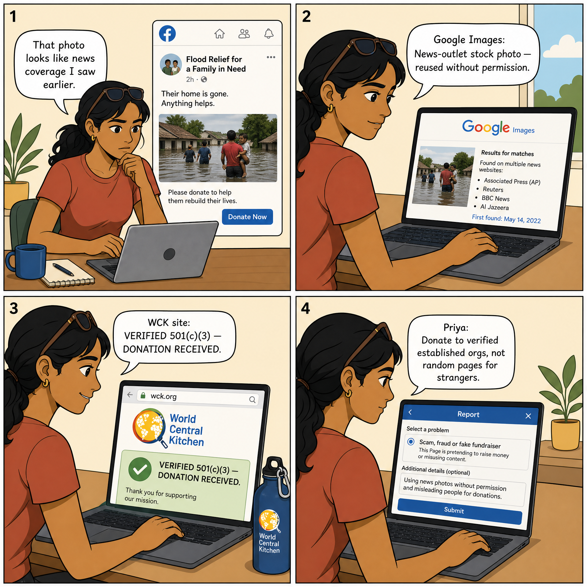 Fake GoFundMe / Crowdfunding for Fabricated Victims — comic illustration