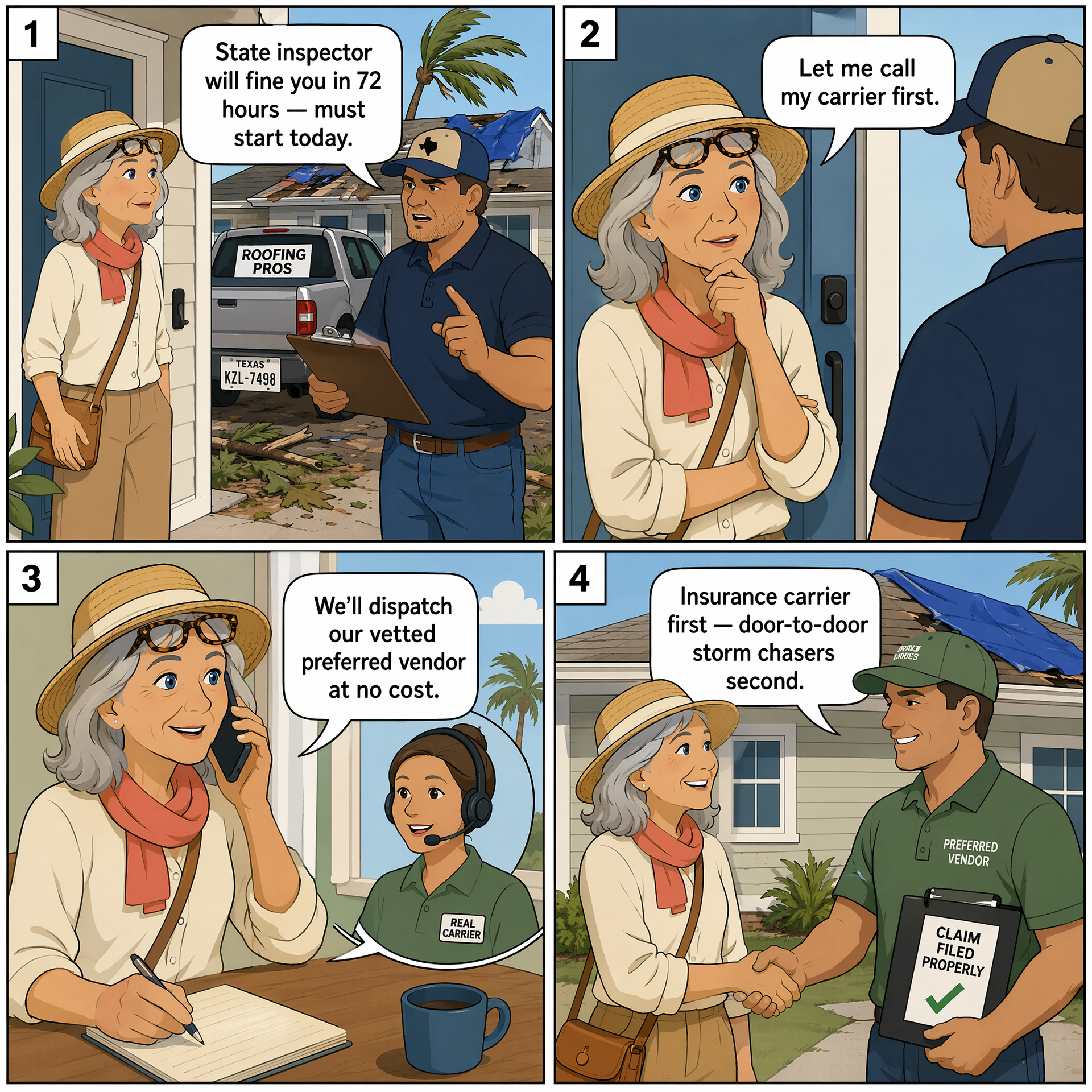 Post-Disaster Door-to-Door Contractor Scam — comic illustration