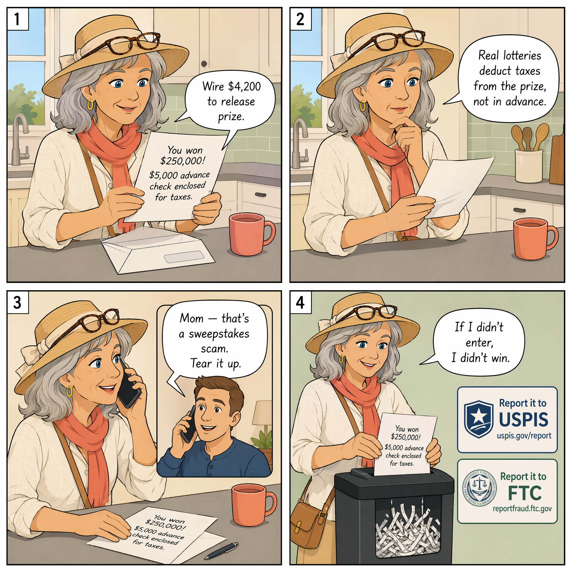 Lottery-Winnings Advance-Fee Check — comic illustration