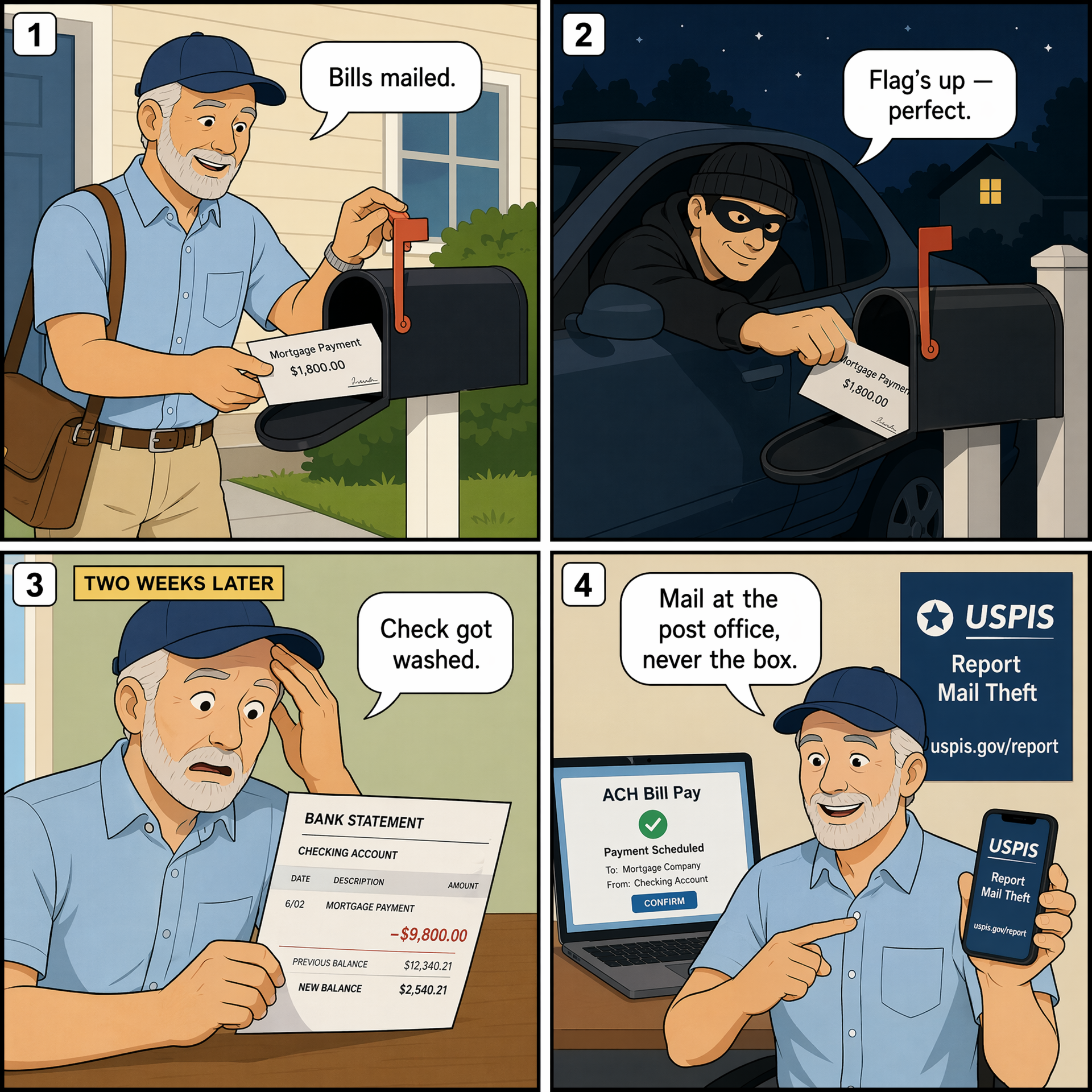 Mail-Theft Check Washing — comic illustration