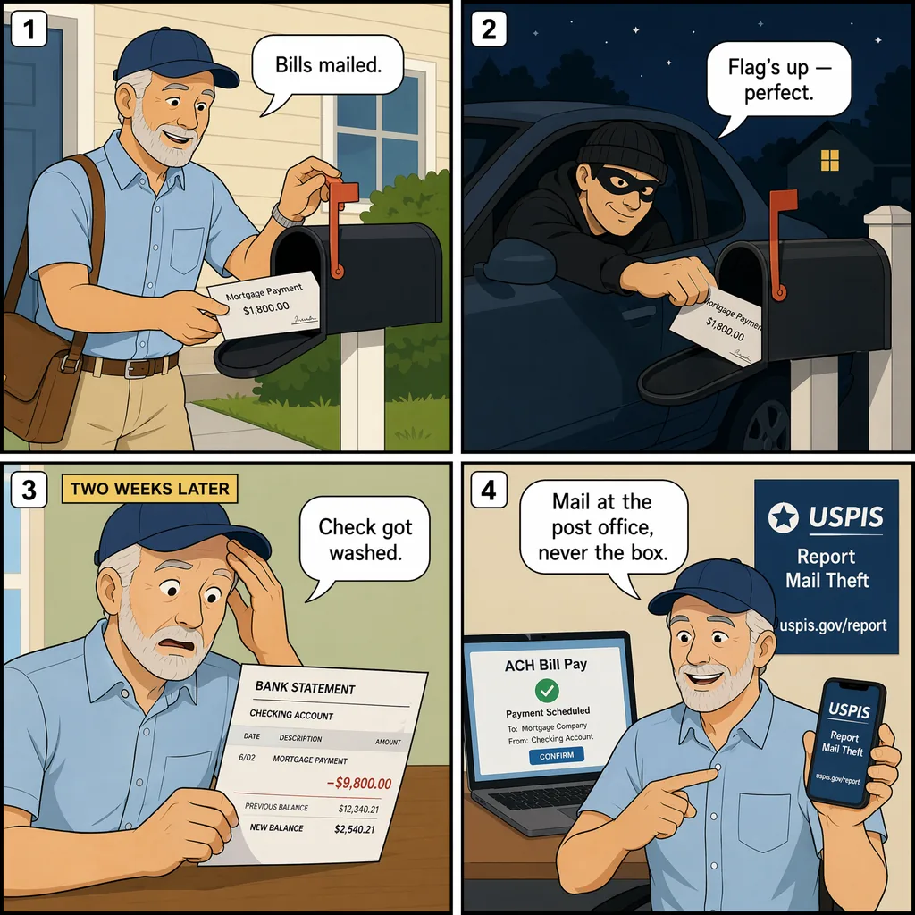 Mail-Theft Check Washing — comic illustration