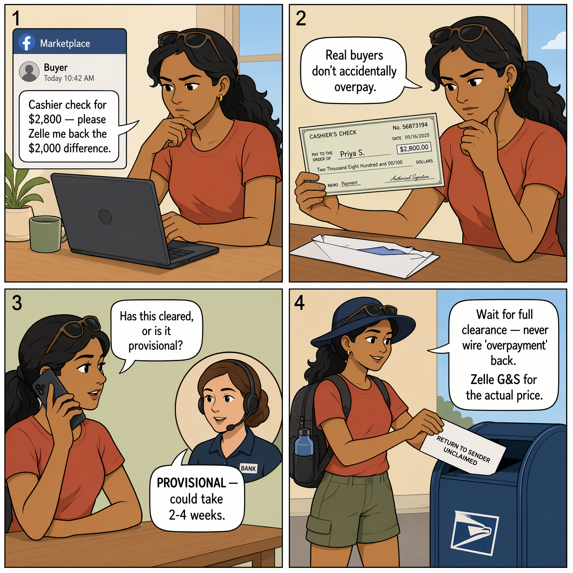 Marketplace Overpayment Scam — comic illustration