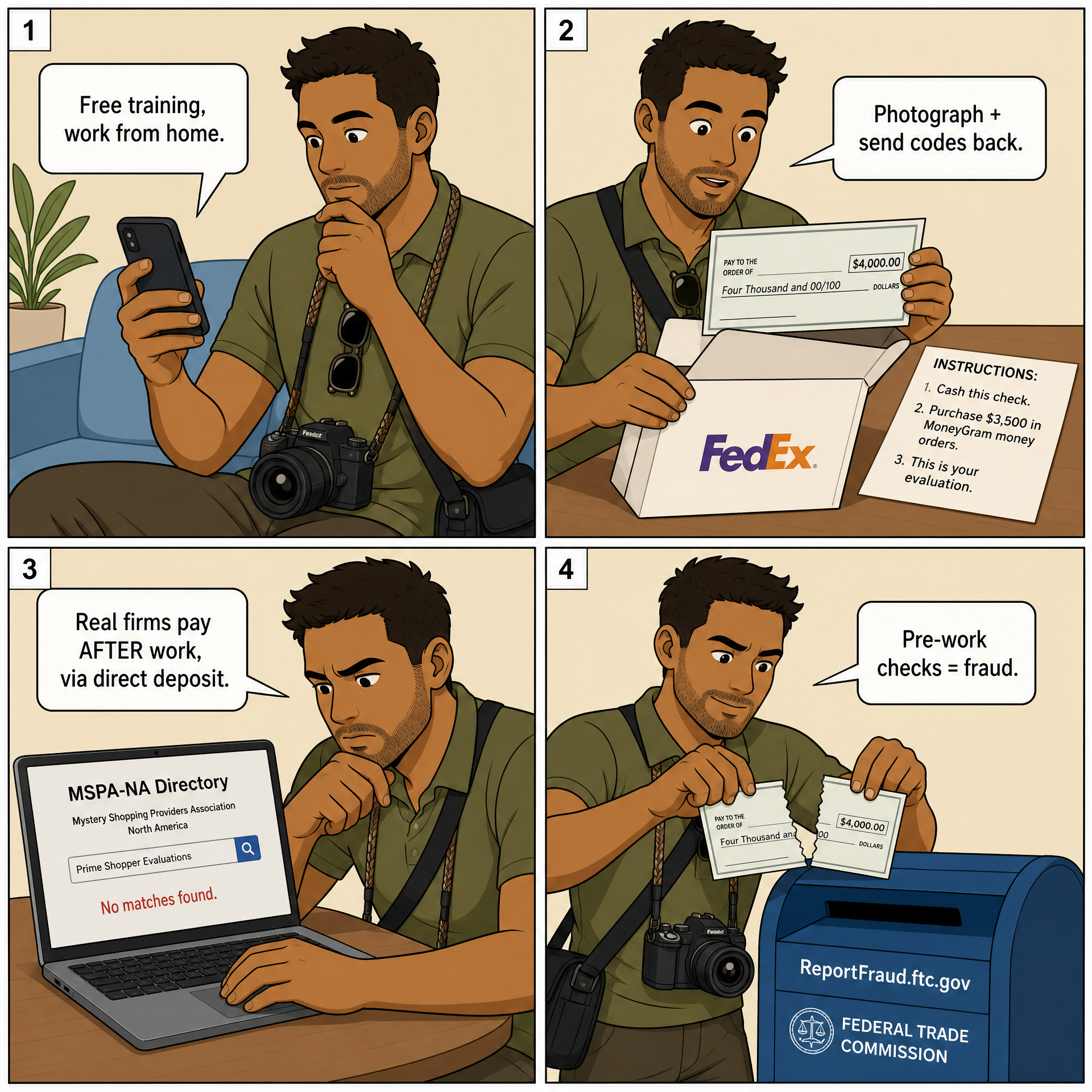 Secret-Shopper / Mystery-Shopper Fake Check — comic illustration