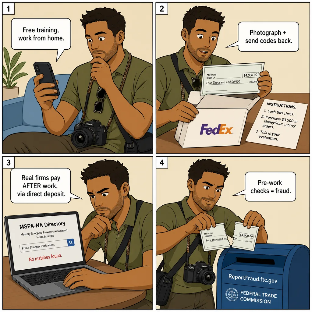 Secret-Shopper / Mystery-Shopper Fake Check — comic illustration
