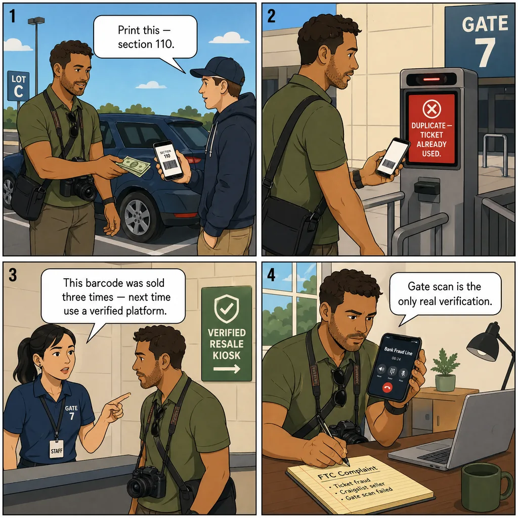 Counterfeit Physical / PDF Tickets at Venue Gate — comic illustration