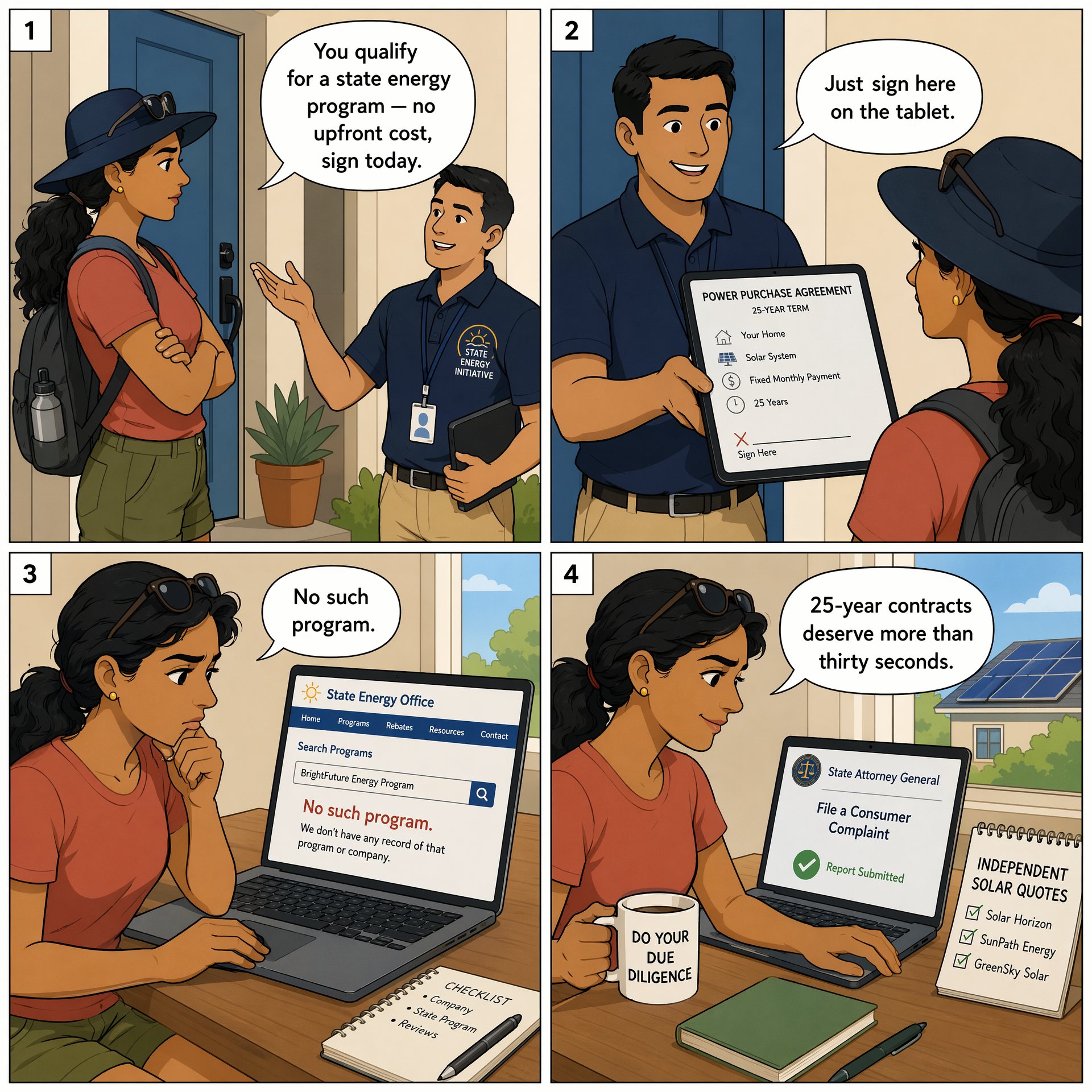 Door-to-Door Solar / Energy / 'Utility Program' Pitches — comic illustration