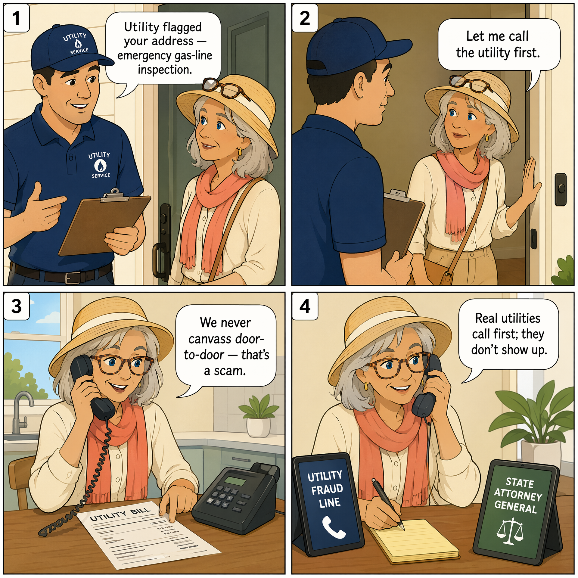 Fake-Inspection HVAC / Water-Quality / Pest Pretext Entry — comic illustration