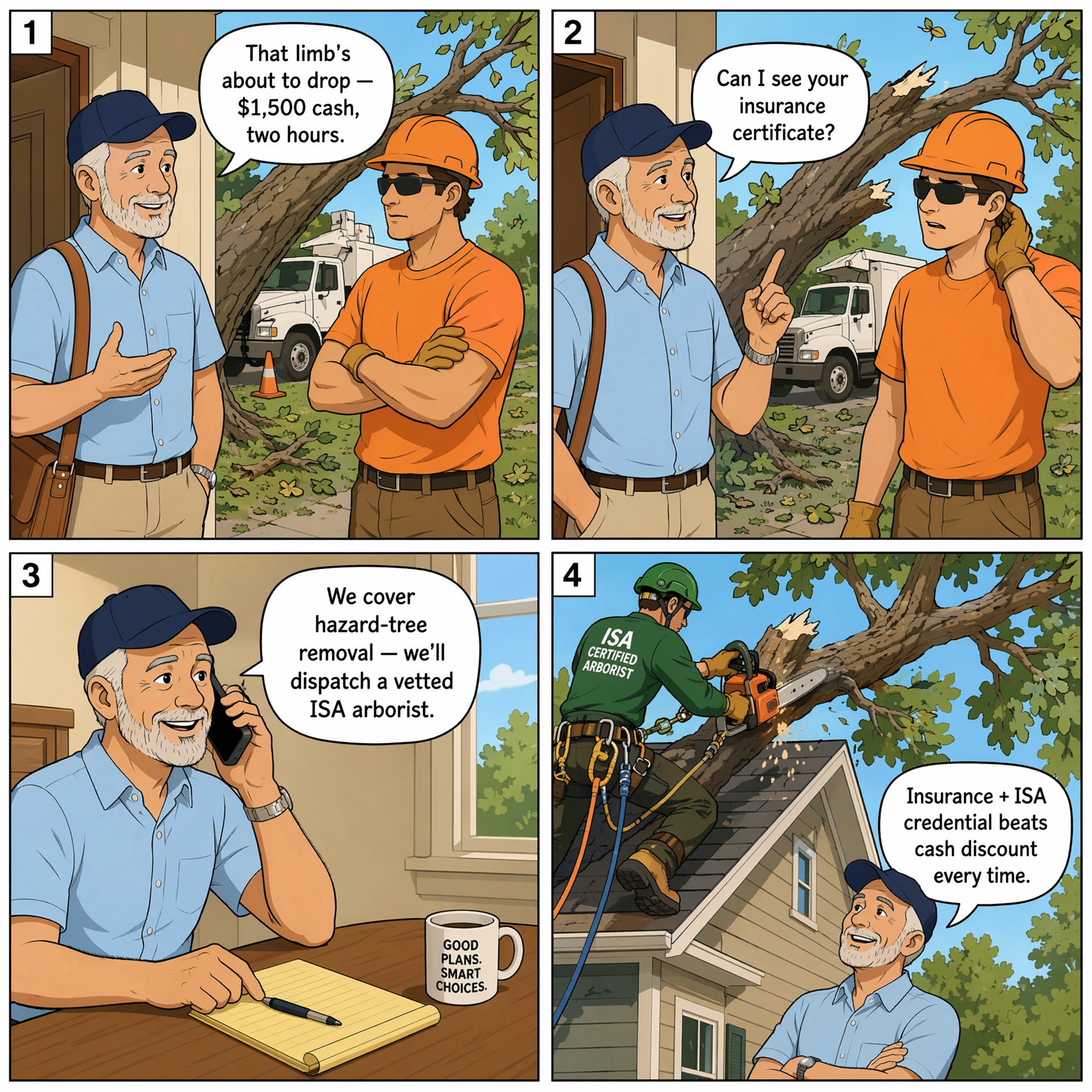 Post-Storm Tree Work (Cash Up Front, No Insurance) — comic illustration