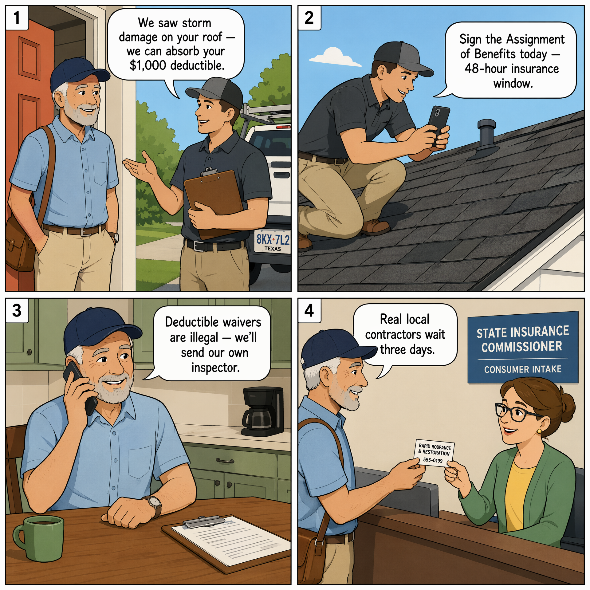 Storm-Chaser Roofing (Insurance-Deductible-Waiver Pitch) — comic illustration