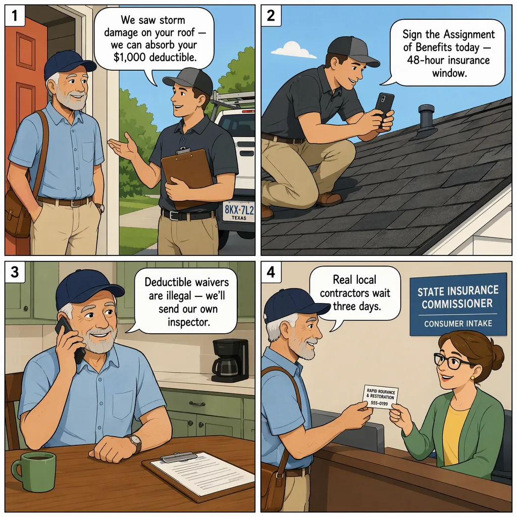 Storm-Chaser Roofing (Insurance-Deductible-Waiver Pitch) — comic illustration