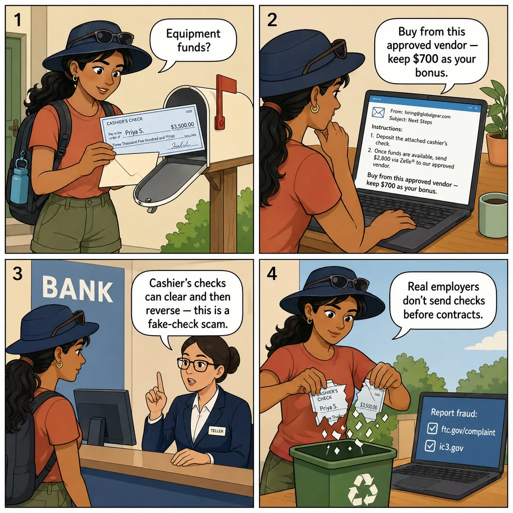 Equipment-Deposit Advance-Fee + Cashier's-Check Variant — comic illustration
