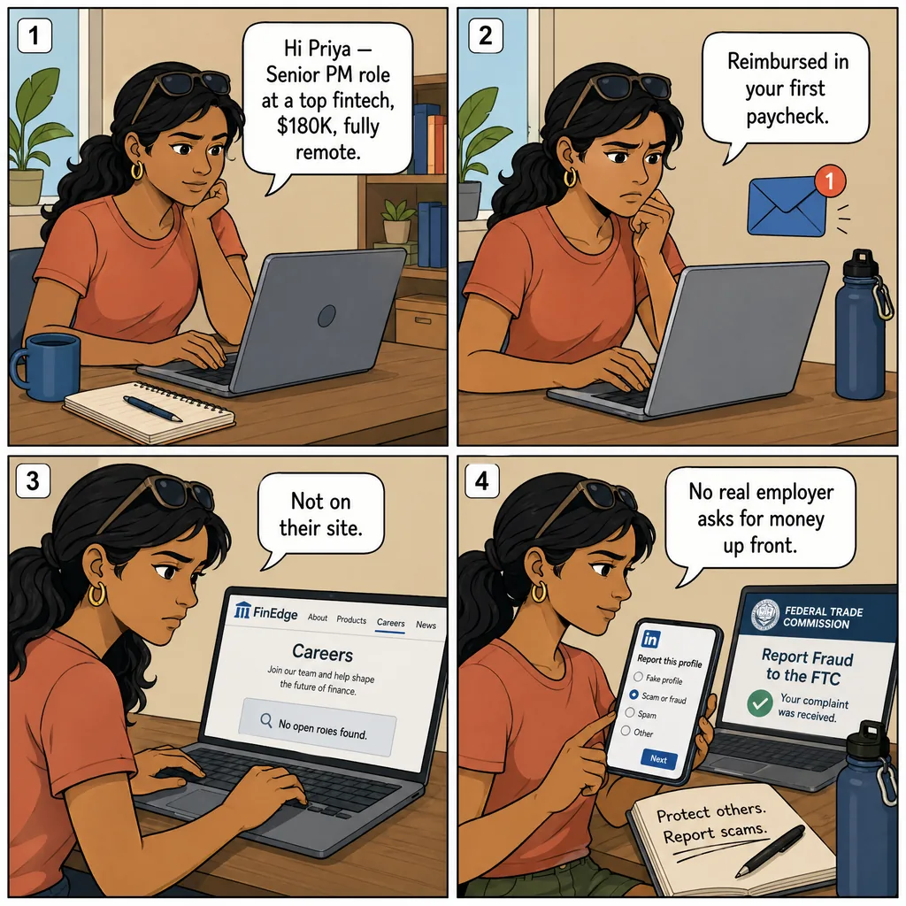 LinkedIn Fake Recruiter DM (Tech-Layoff Targeting) — comic illustration