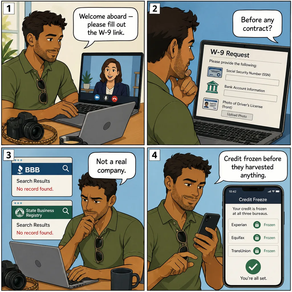 Onboarding Identity-Harvest (SSN + Bank Info) — comic illustration