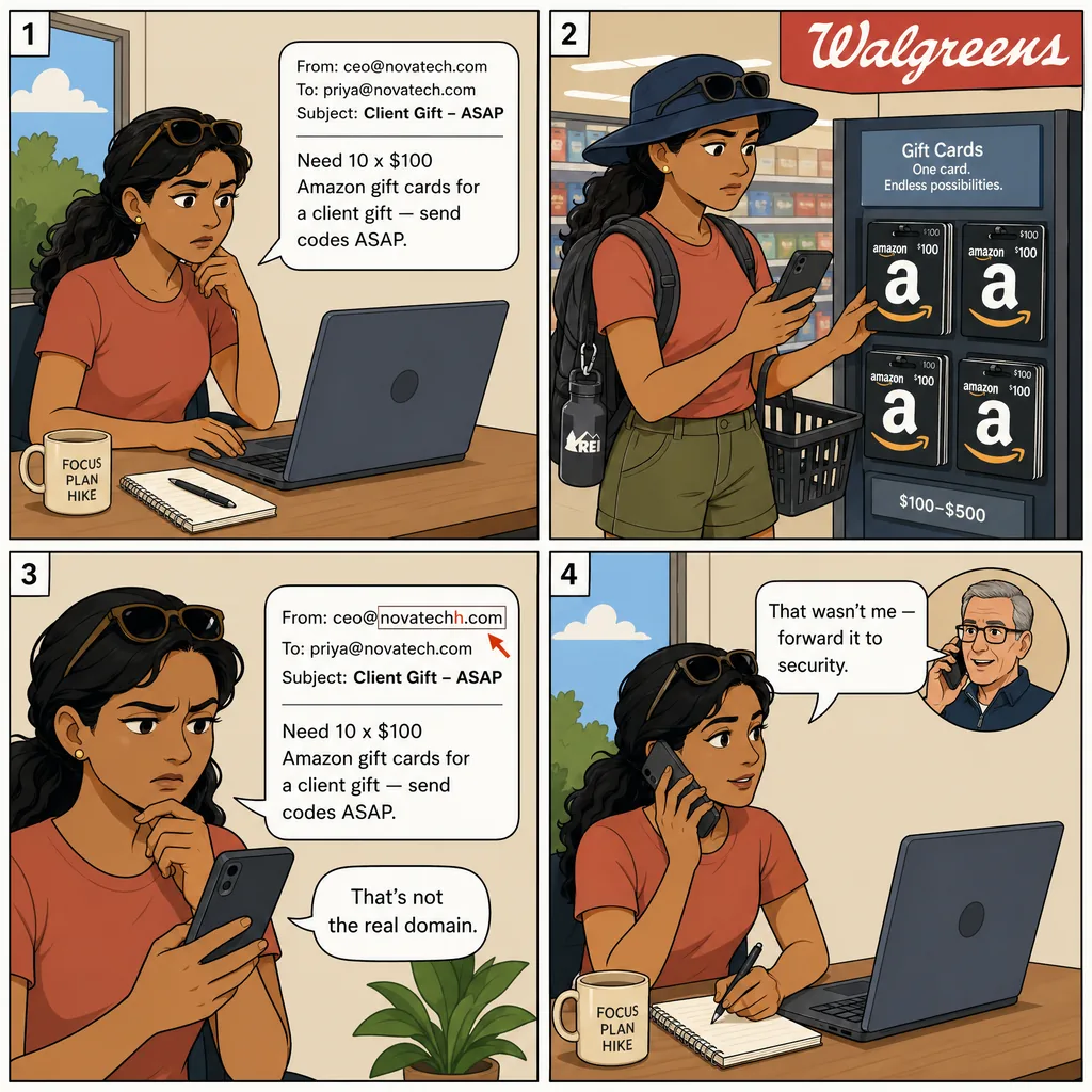 Boss-Impersonation BEC Gift-Card Request — comic illustration