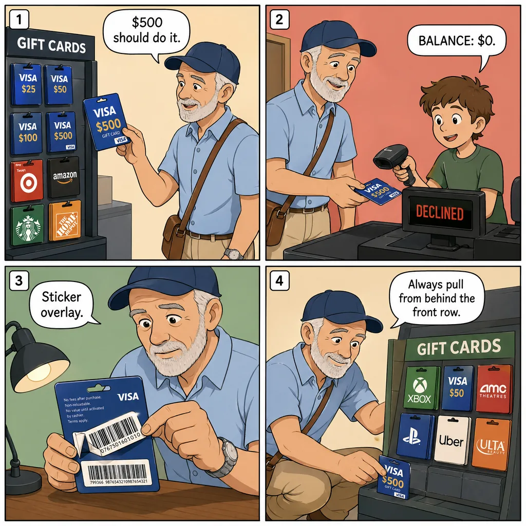 In-Store Card-Draining (Sticker Overlay + Blister Pack) — comic illustration