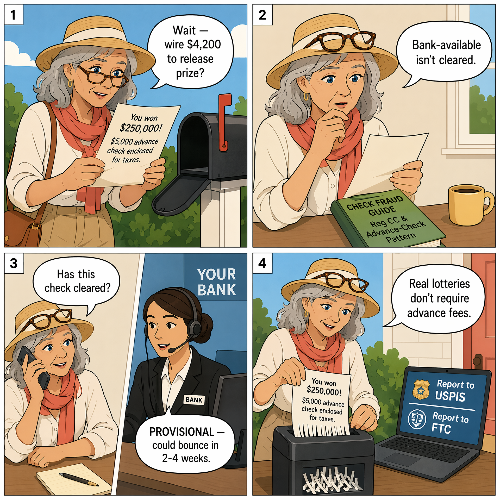 Advance-Fee Sweepstakes (Check + Wire) — comic illustration