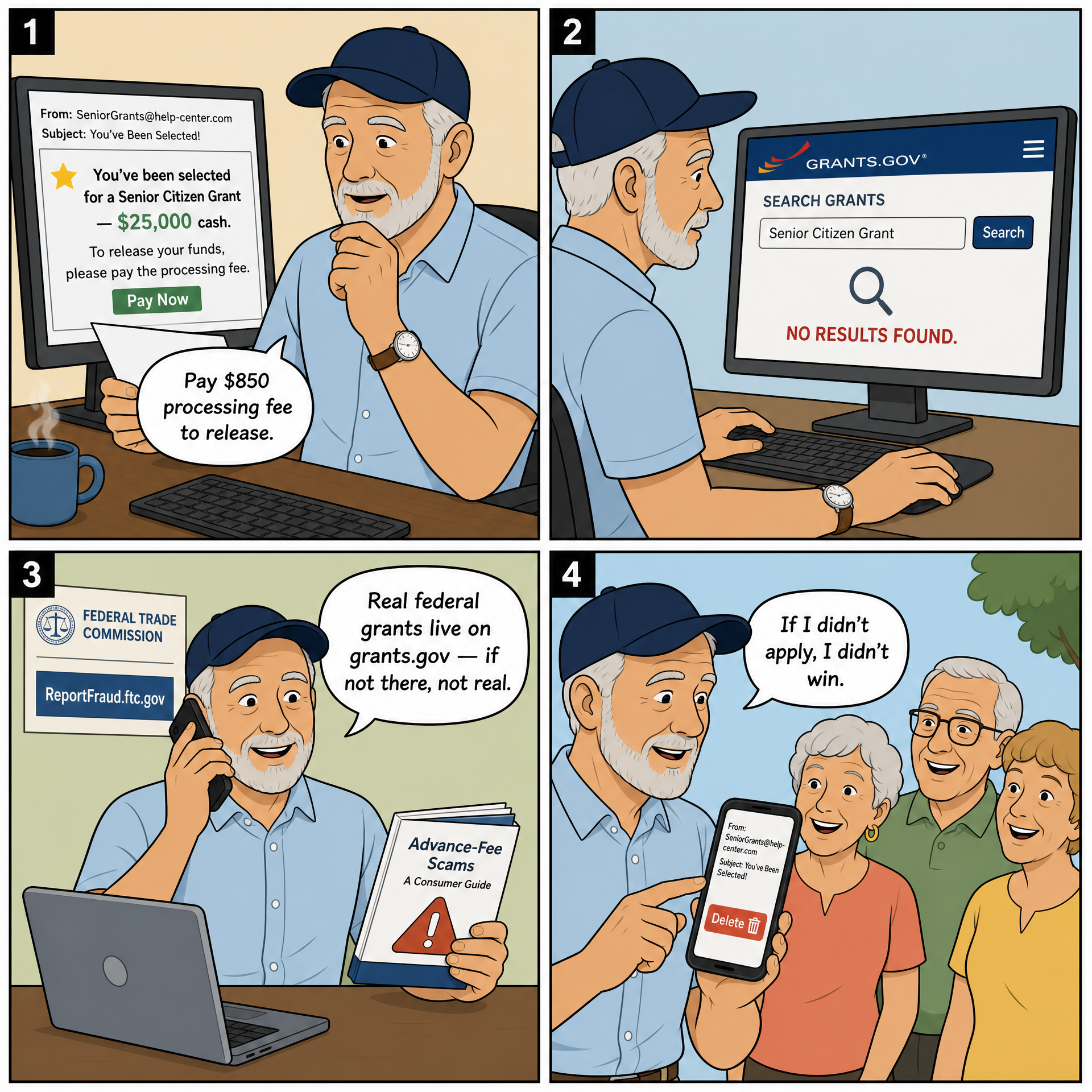 Fake Government Grant Disguised as Lottery — comic illustration