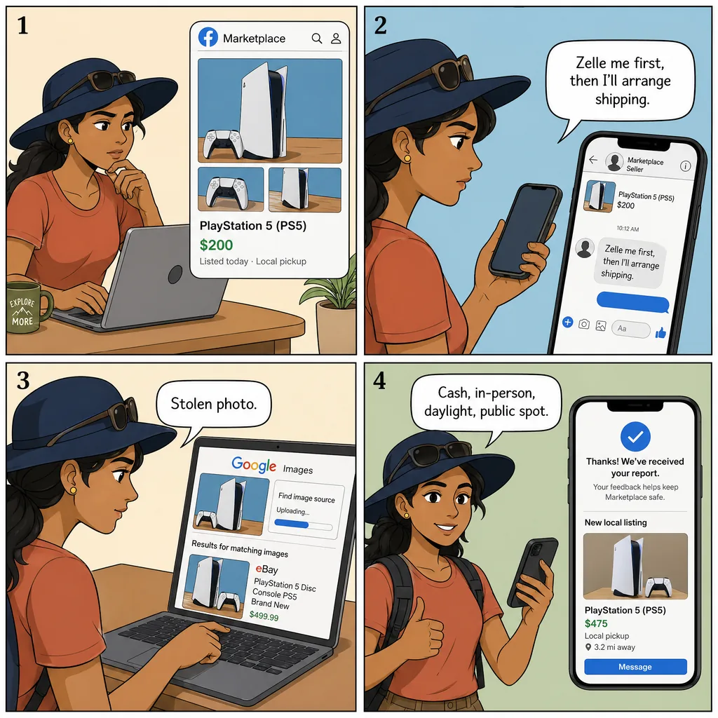 Fake Listing / Stolen Photos / Non-Delivery (Buyer-Targeted) — comic illustration