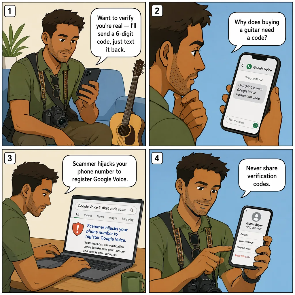 Google Voice 6-Digit Code Verification Hijack (Seller-Targeted) — comic illustration