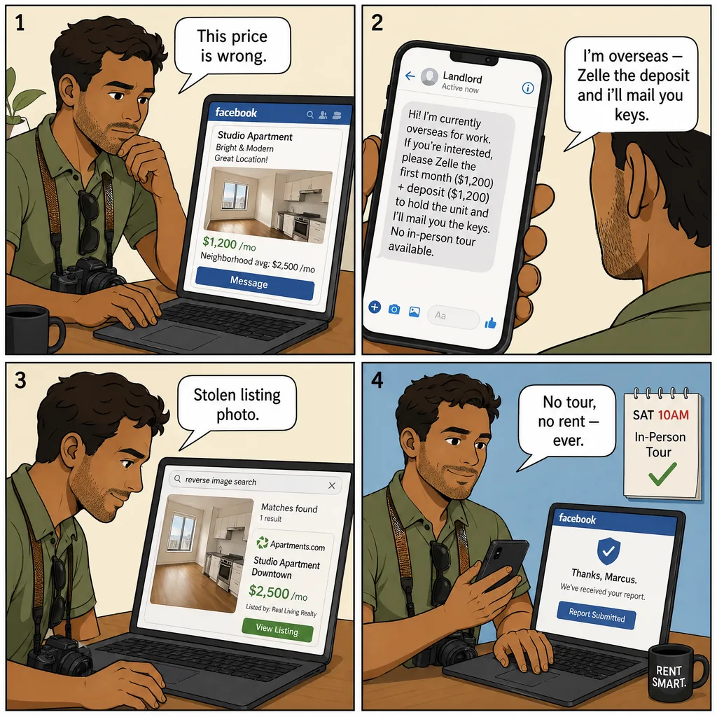 Rental Scam (Facebook / Craigslist Apartment Listings) — comic illustration