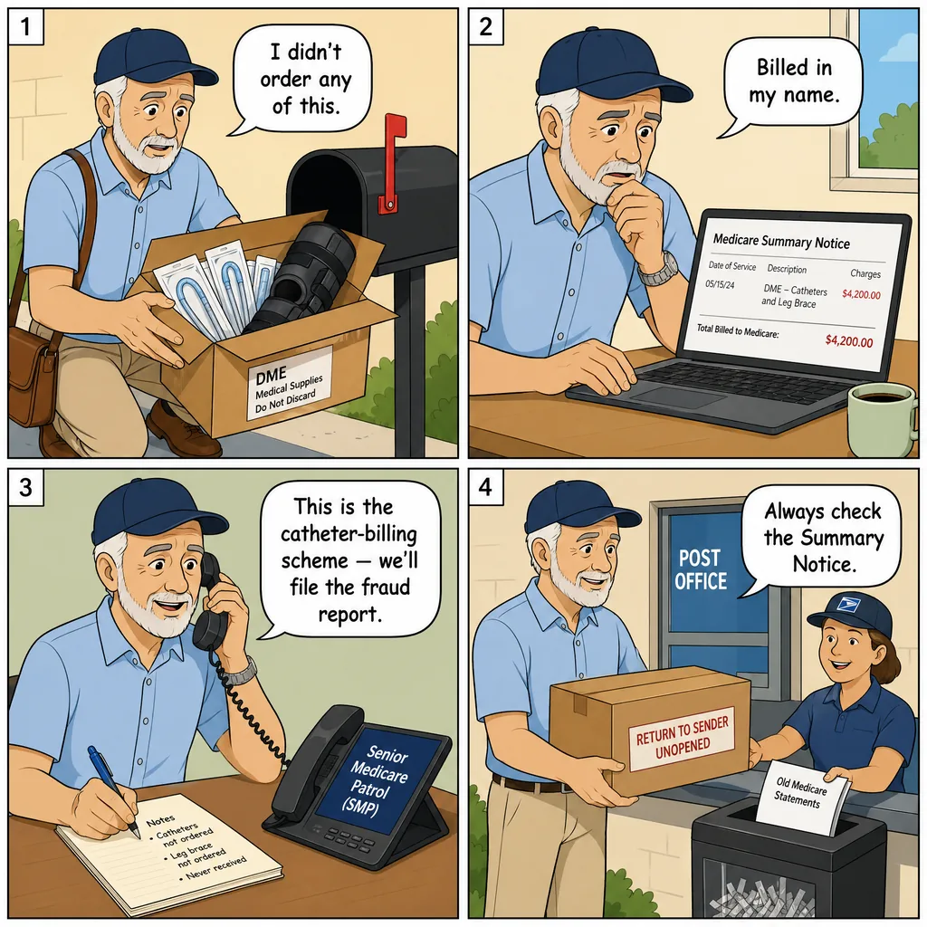 Catheter / DME Medicare Billing Fraud (the $2.8B Scheme) — comic illustration