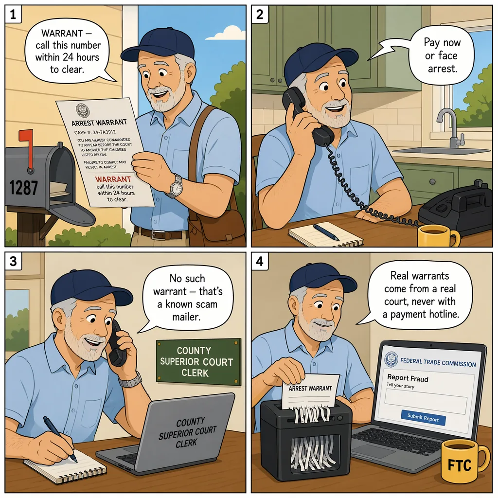 Arrest-Warrant Mailer or Call (Fake Warrant from Another State) — comic illustration