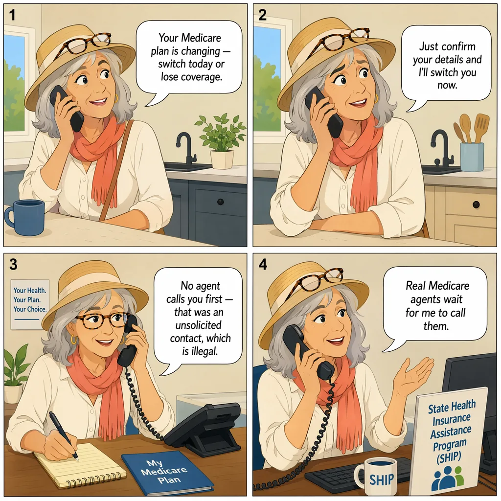 Medicare Advantage 'Your Plan Changed' Open-Enrollment Pressure — comic illustration