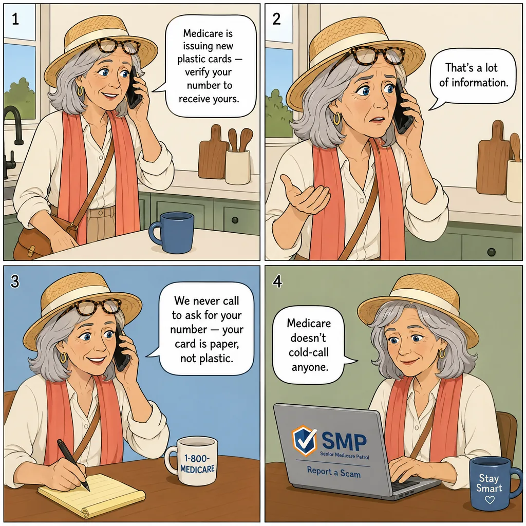 'New Plastic Medicare Card' Identity-Harvest Call — comic illustration