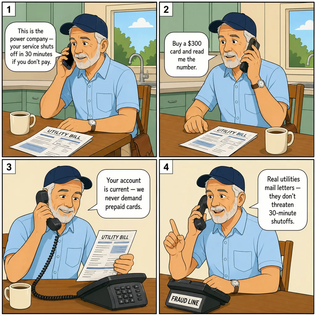 Utility Shutoff 'Power Off in 30 Minutes' Fear Call — comic illustration