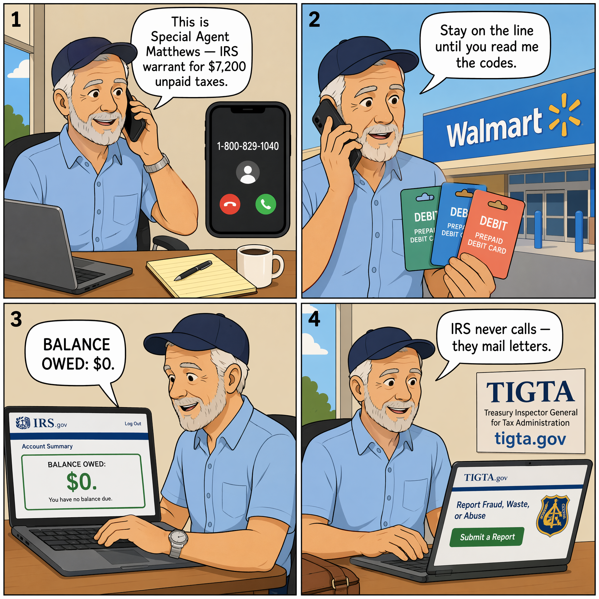 IRS Tax-Debt Arrest-Threat Phone Call — comic illustration