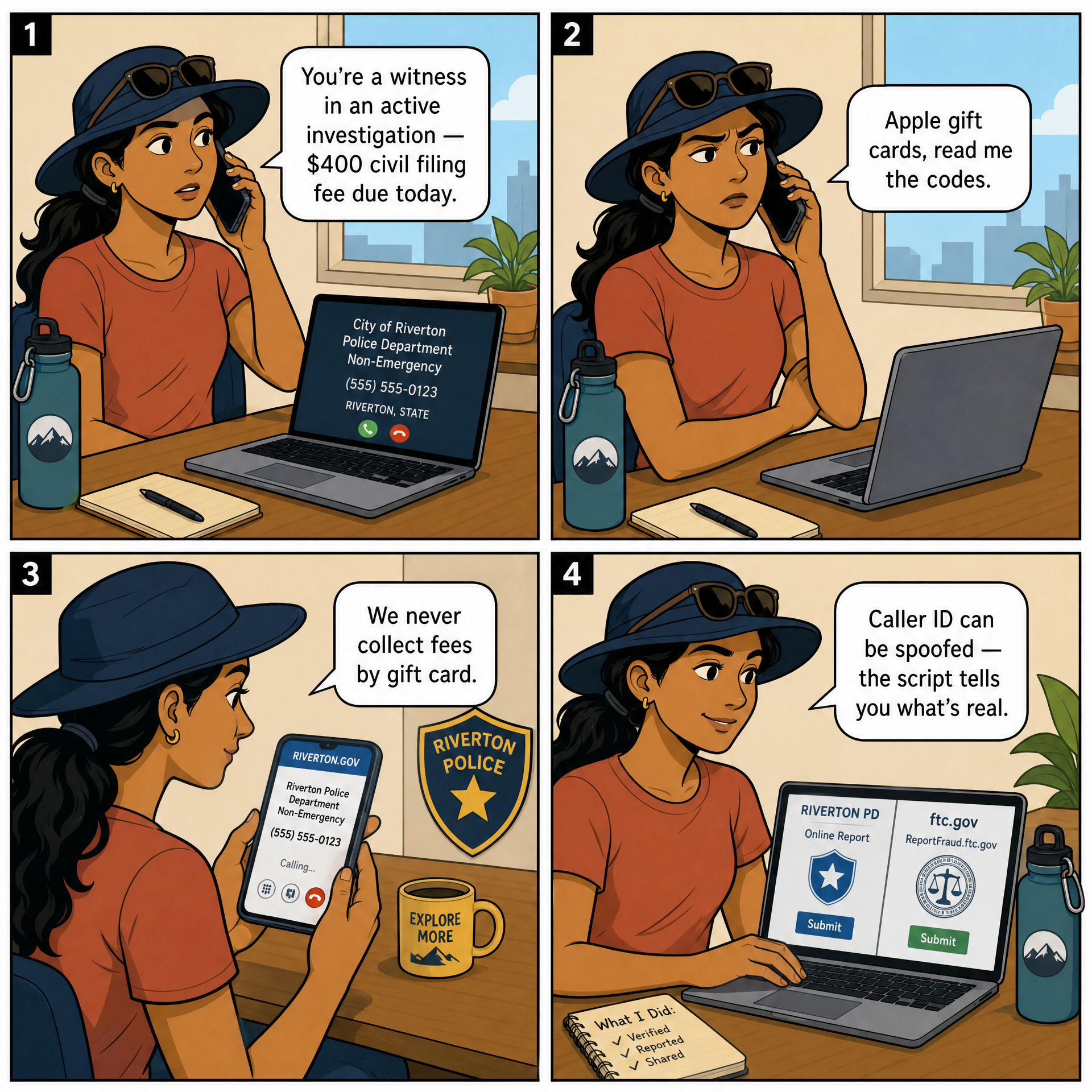 Spoofed Local-PD Impersonation (Pretext-Police Calls) — comic illustration