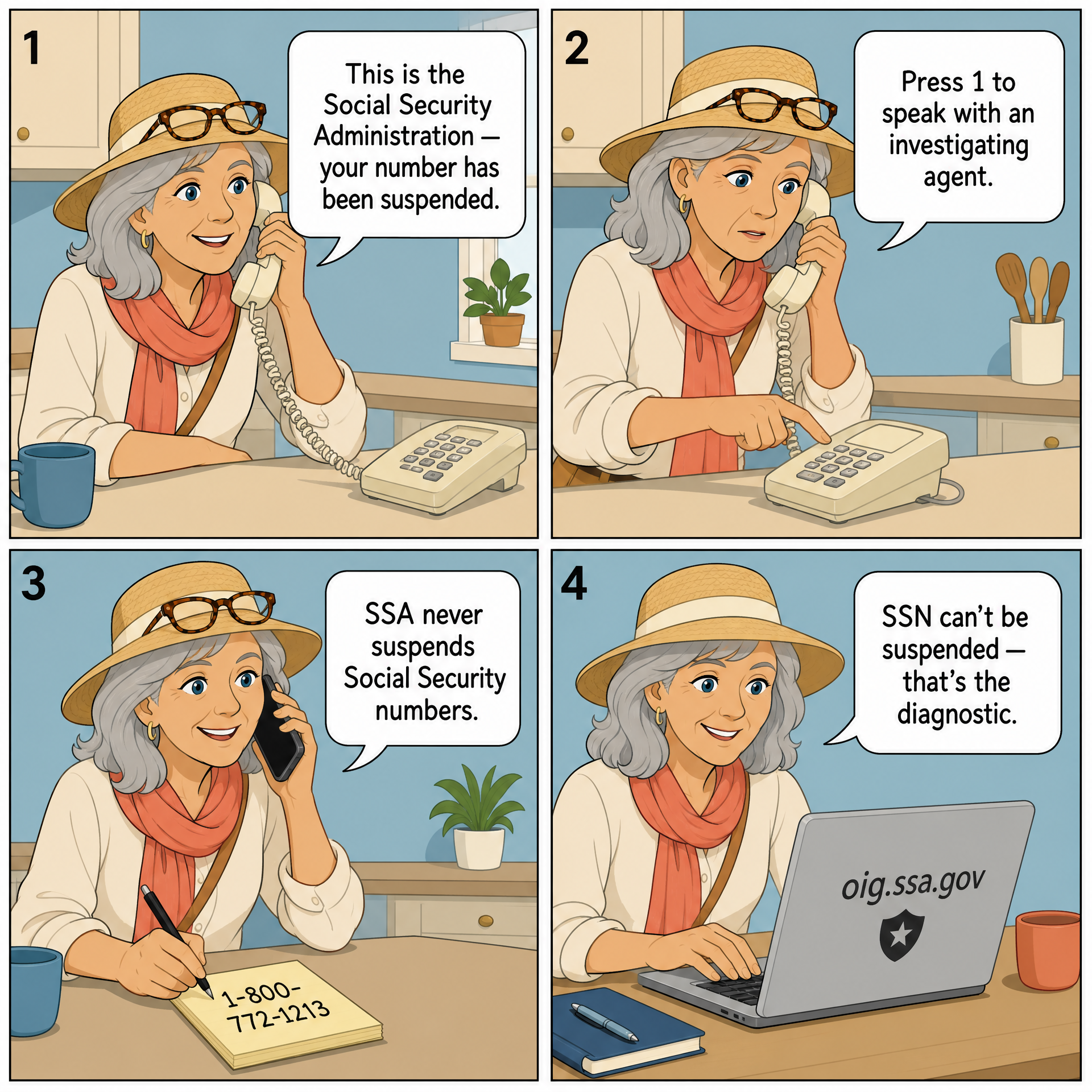 SSA 'Number Suspended' Robocall + Live-Operator Pivot — comic illustration
