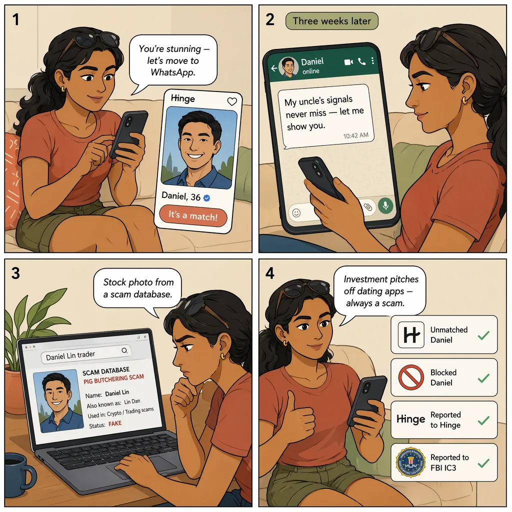 Hinge / Bumble &rarr; WhatsApp &rarr; 'Uncle's Trading Signals' — comic illustration